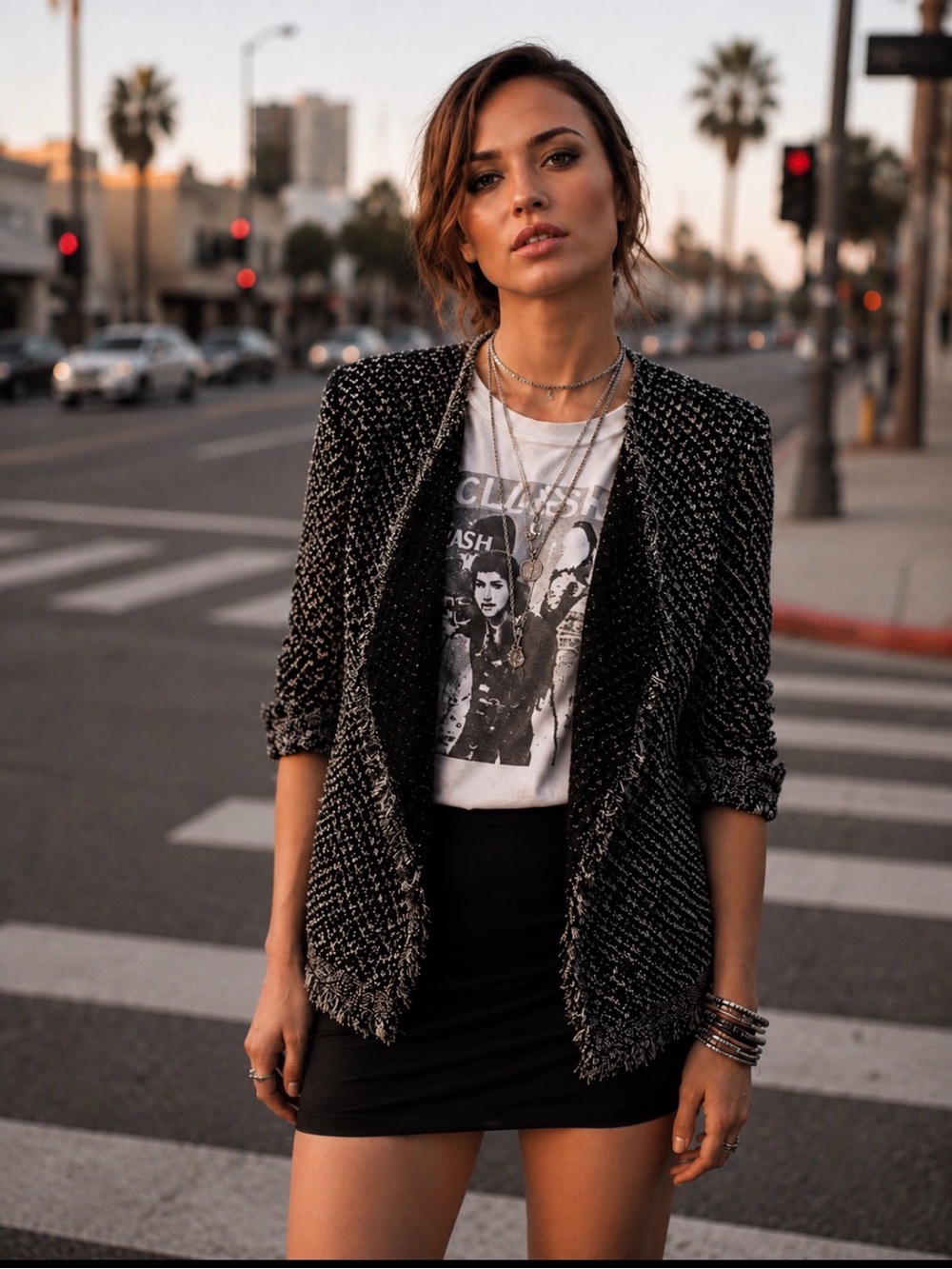 JOIE Nalah Black & White Classic Tweed Open-Front Cardigan w Fringed Edge Size S